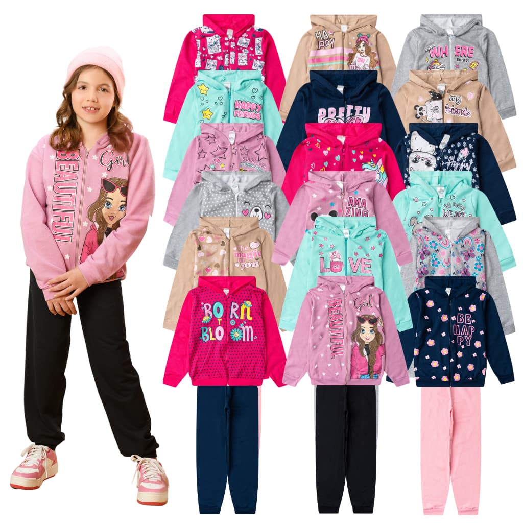 Kit 10 Peças Moletom Infantil Menina Inverno Conjunto 1 ao 14 feminino com Zíper e Capuz