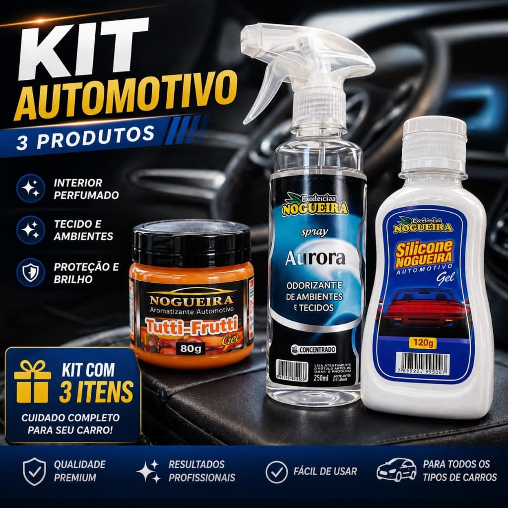 Kit Automotivo Spray Cheirinho Silicone Protetor Painel e Plásticos Limpeza Brilho Aroma Duradouro para Carros