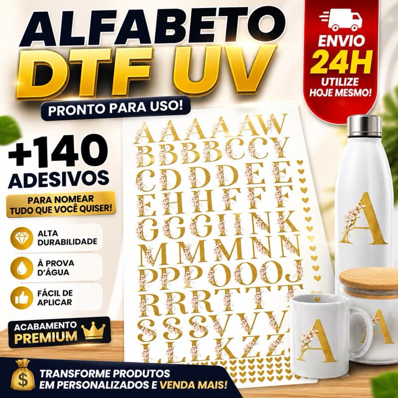 140 Adesivos Alfabeto DTF UV | Letras 4,5x4,5cm Cartela Pronta |  Copos Canecas | Envio rápido 24h