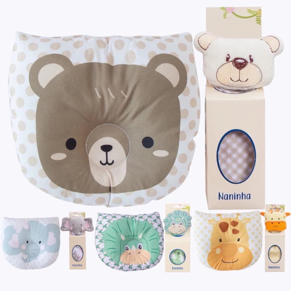 Naninha com Prendedor de Chupeta + Travesseiro Anatômico para Bebê Ursinho Bege Neutra Luxo
