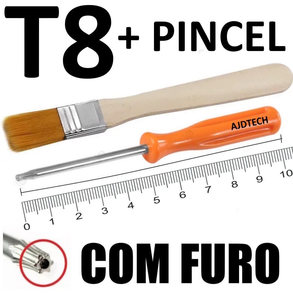 Kit Limpeza Chave Torx T8 Com Furo + Pincel para abrir videogame e controle PS3 PS4 PS5 X360 Xone
