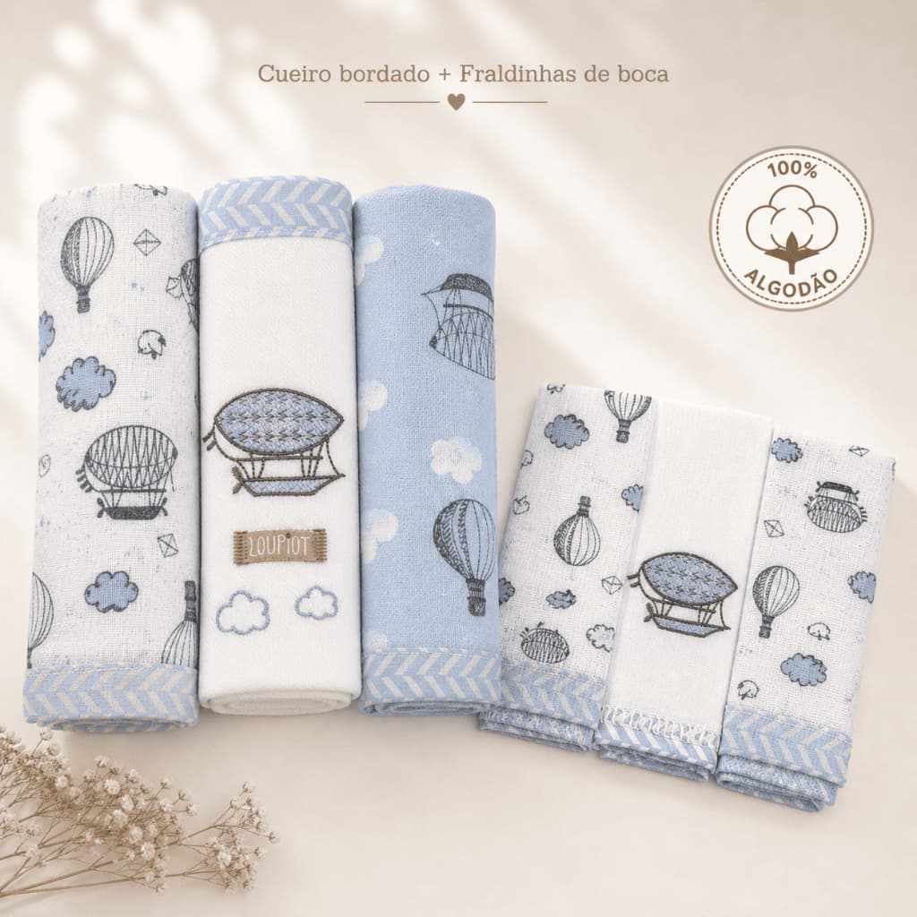 Kit Cueiro Bebê Swaddle 80x80cm + Fralda de Boca 100% Algodão Flanelado 6pç Enxoval Recém-Nascido Chá