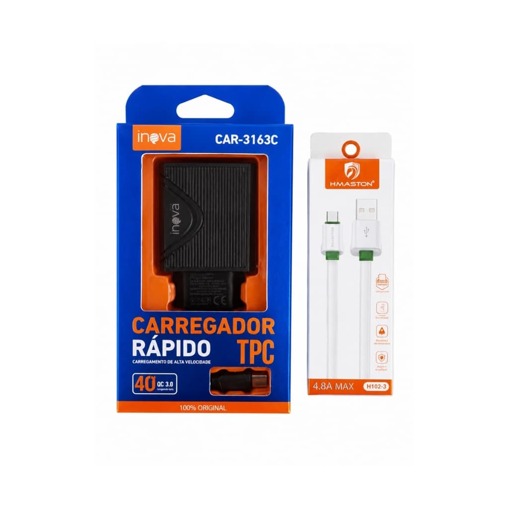 KIT Carregador Rápido Inova Tipo C 40w + Cabo Celular Usb QC 3.0 Turbo Power