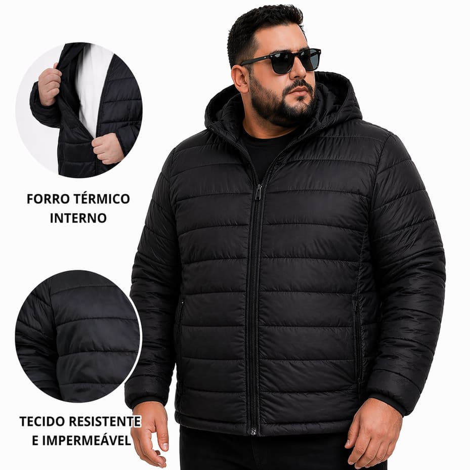 Jaqueta Bobojaco Masculina Plus Size Básica – Puffer Leve, Impermeável e Sem Forro