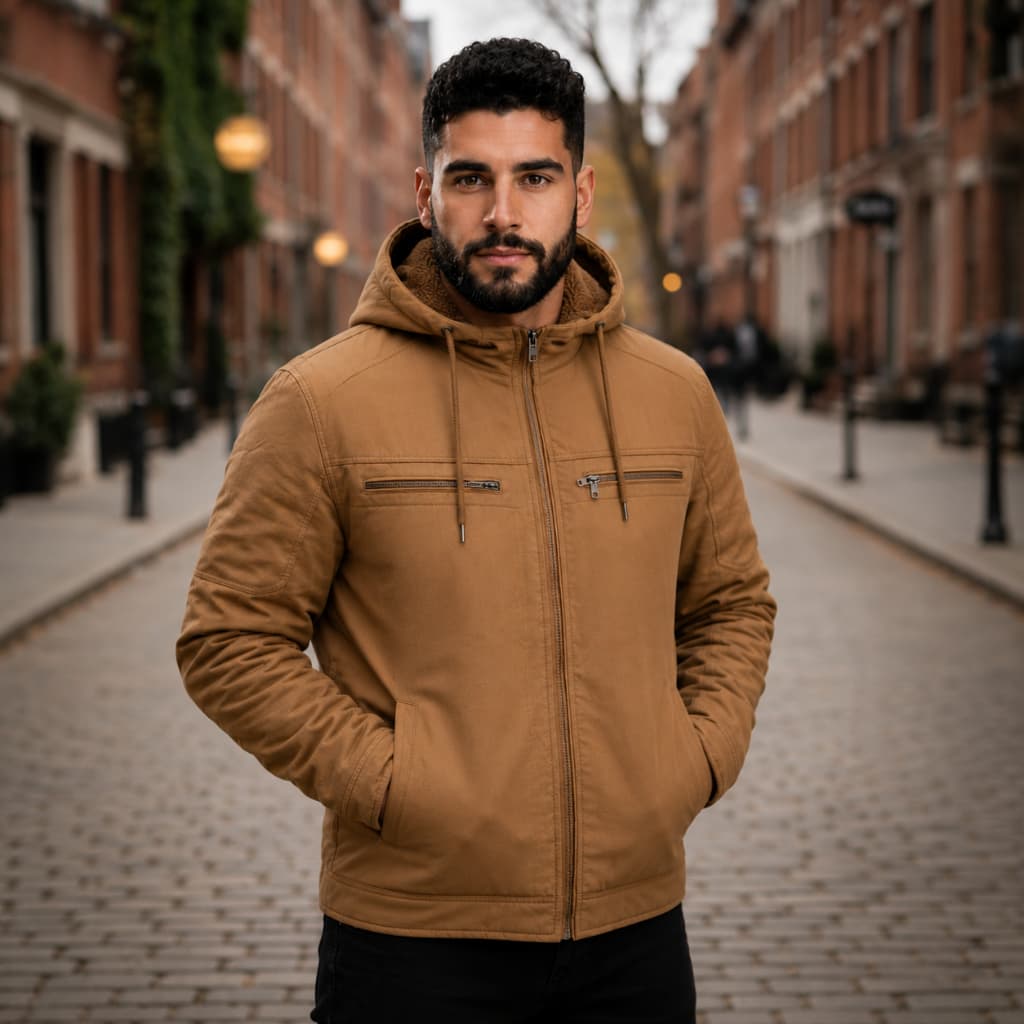 Jaqueta Masculina Sarja com Capuz Removivel Forrada Peluciada Frio Casaco Masculino Plus Size