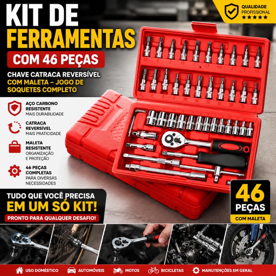 Kit Com 46 Peças De Ferramentas Chave Catraca Reversível Com Maleta Jogo De Soquetes Completo