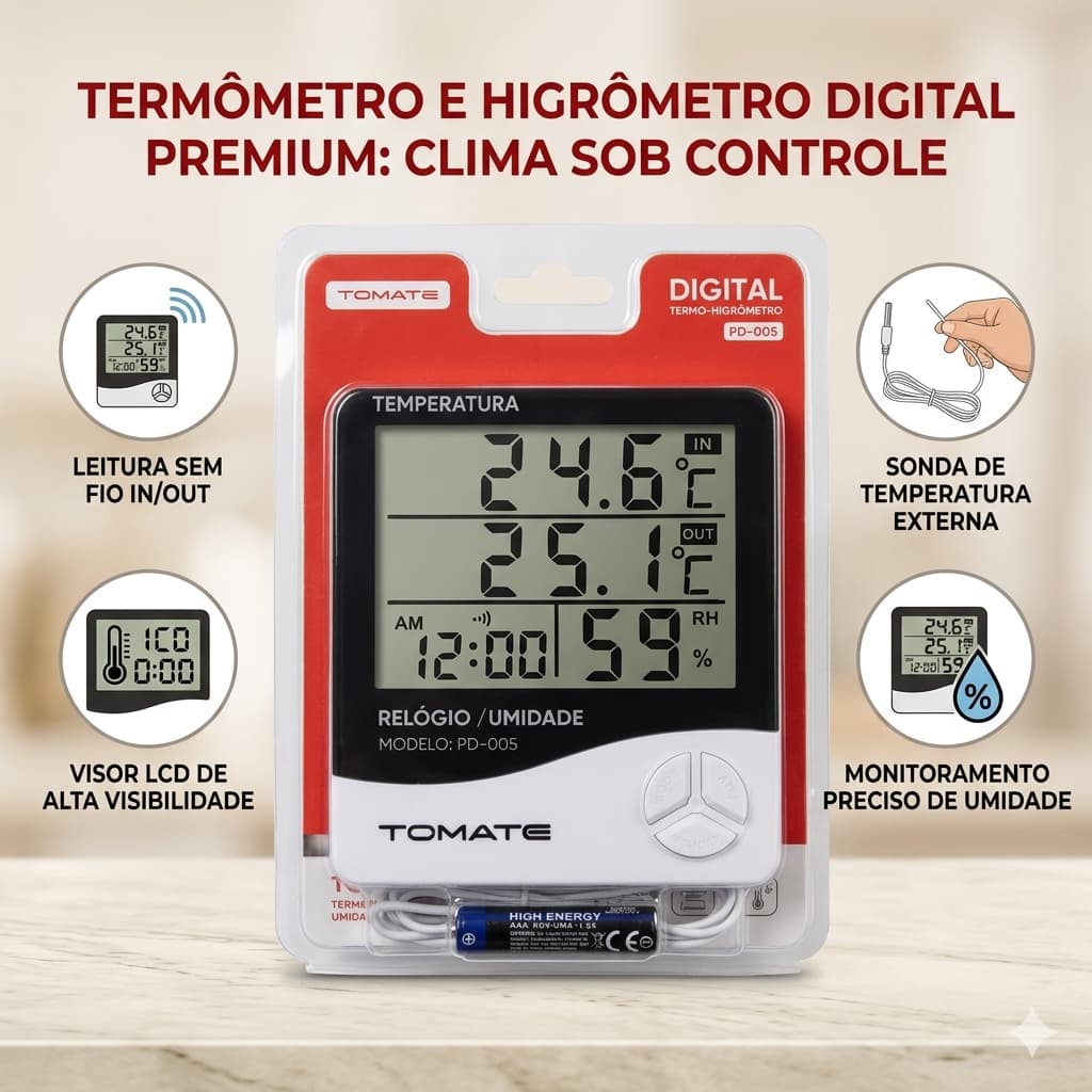 Higrômetro Digital com Termômetro Interno Externo Relógio LCD Sensor com Cabo Para Ambientes