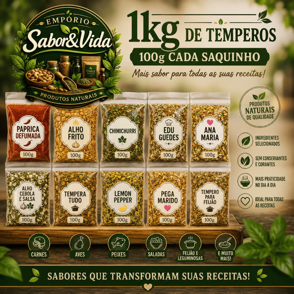 Kit Temperos Premium com 10 Pacotes de 100g Total de 1kg de Temperos