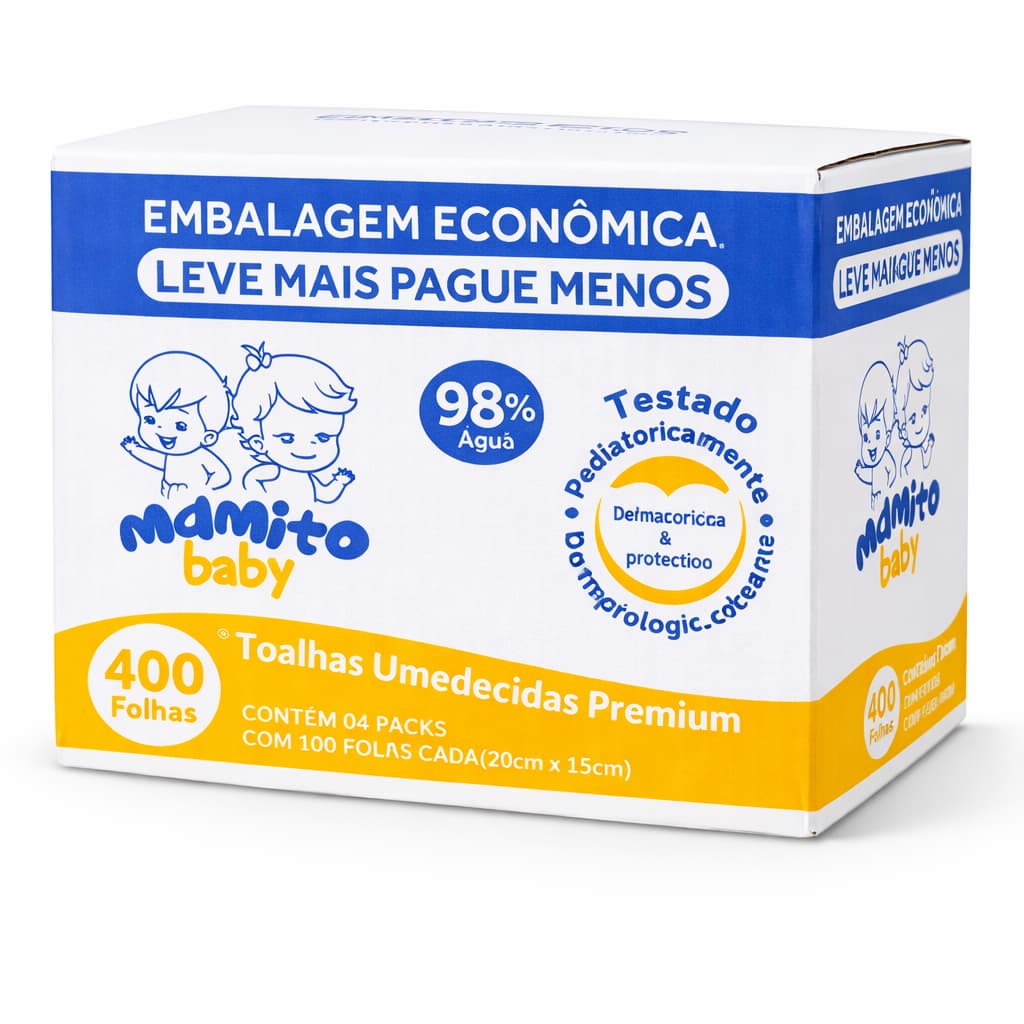 Box Com 4 Lenços Umedecido 100 Folhas Cada - Com Tampa Flip Top, Limpeza Delicada - Mamito Baby