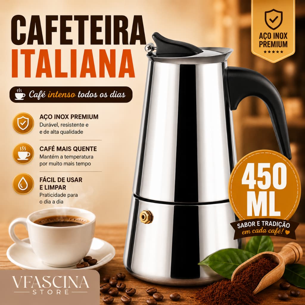 Cafeteira Italiana Inox 450ml 9 Xícaras Preparar Café Expresso Uso no Fogão