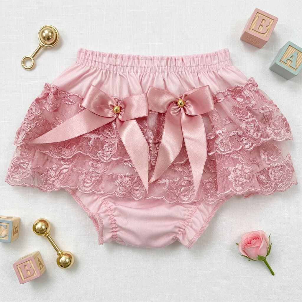Calcinha Tapa Fralda Elegante Infantil Renda em Camadas e Laço Acetinado