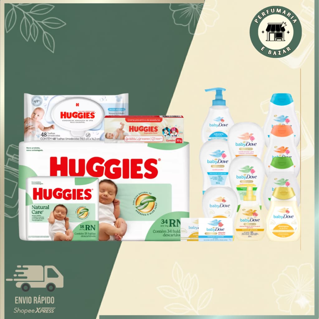 Kit Dove Baby + Huggies Proteção Total -Fraldas & Banho