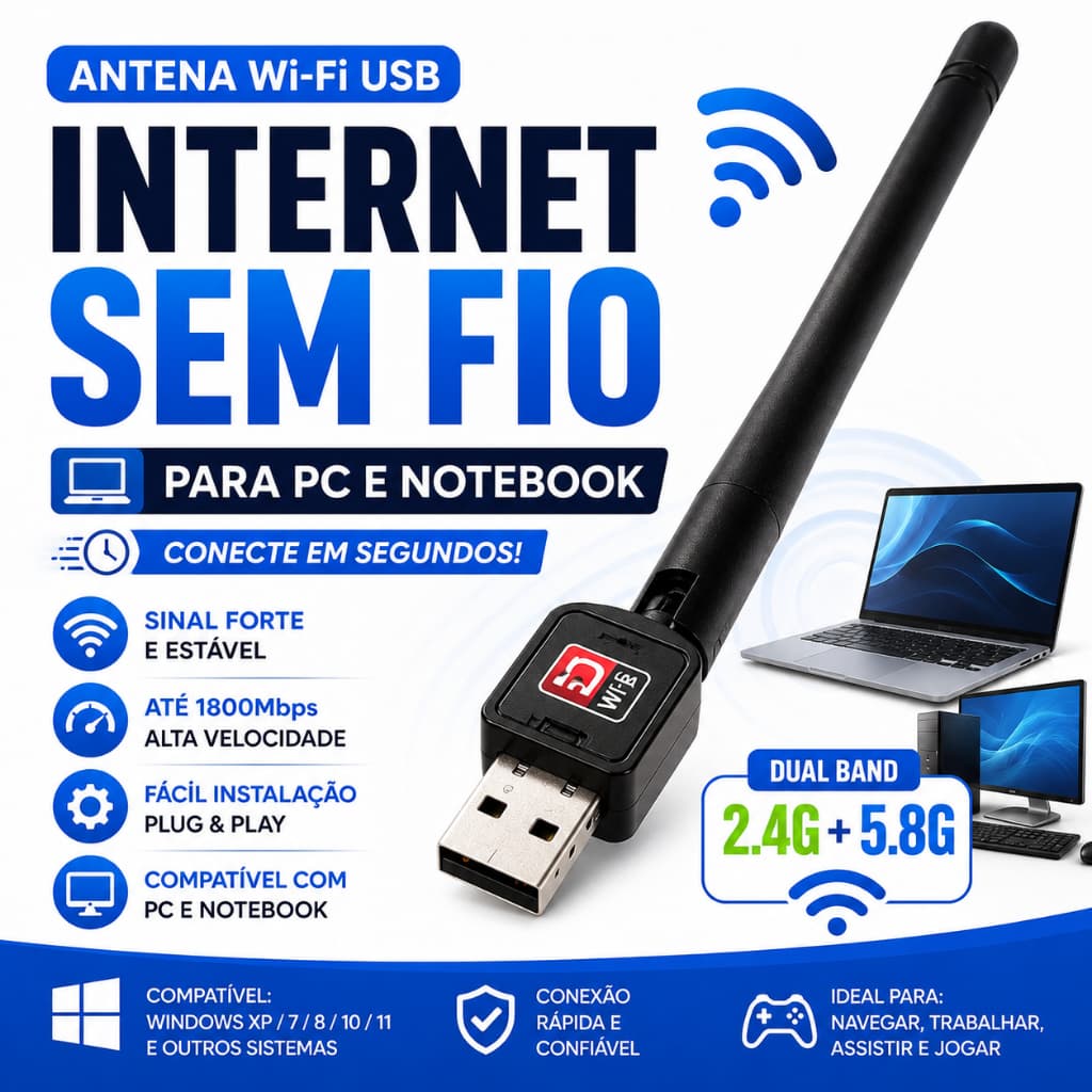 Adaptador WiFi USB 1800Mbps para PC Notebook | Internet Sem Fio de Alta Velocidade