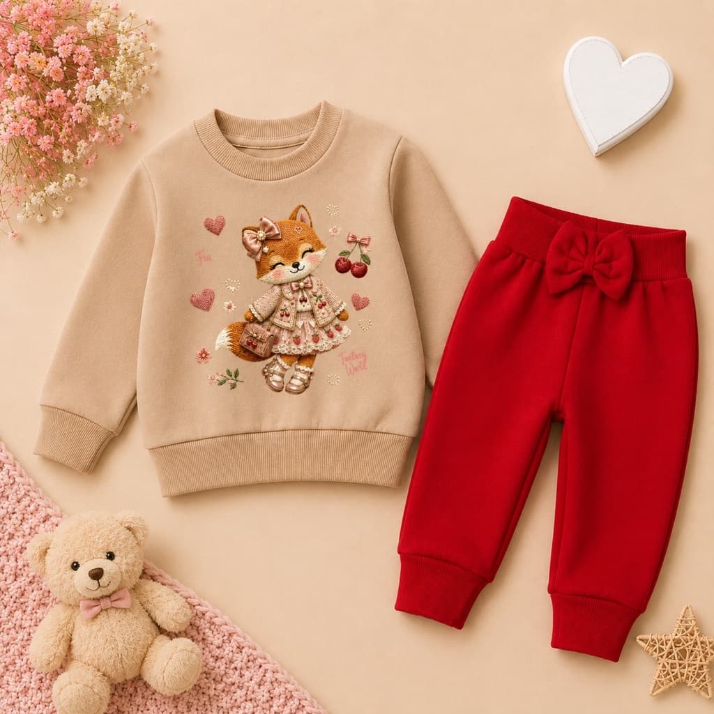 Conjunto Moletom Infantil Bebê Menina Raposa Fofa Cereja Morango