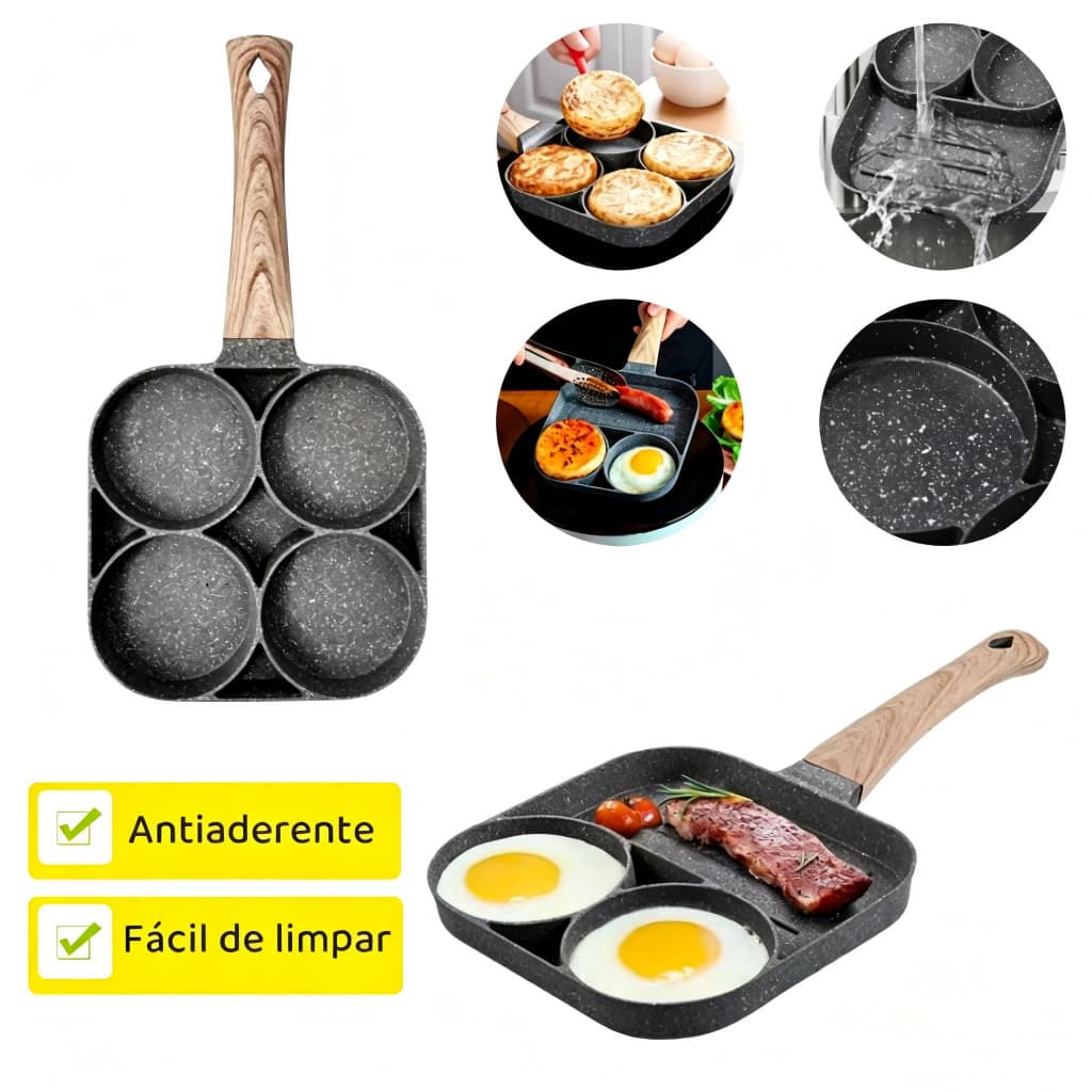 Frigideira Multifuncional Antiaderente 4 em 1 Ovos Hambúrguer Omelete Com Alça De Madeira