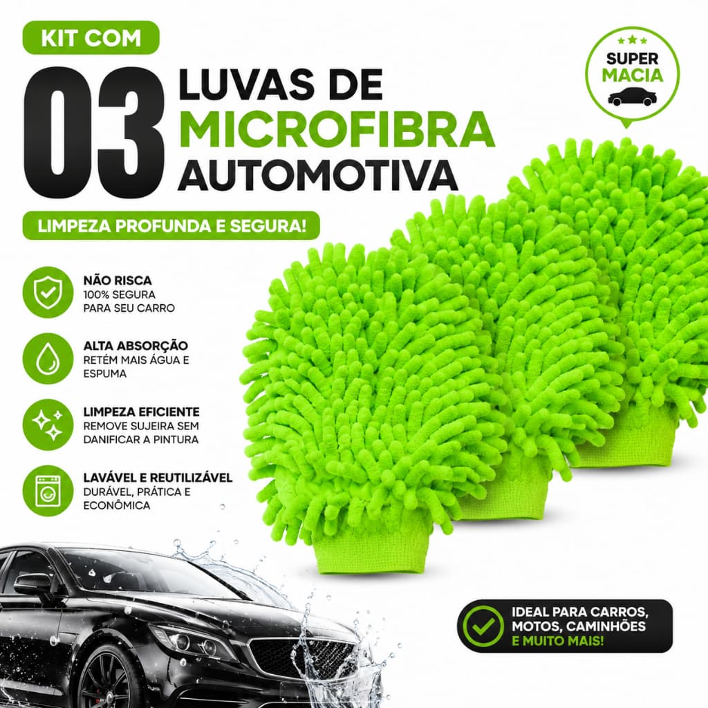 Kit C/01 OU 03 Luva  De Microfibra Dupla Face Automotiva Cor Variada