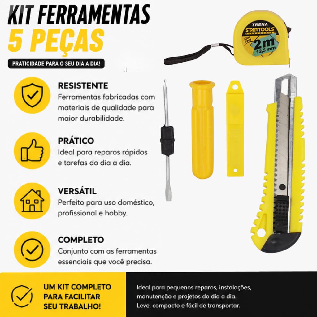 Kit de Ferramentas 5 Peças completo Trena 2m Estilete Chave Fenda Phillips Ponta Dupla Refil Lâminas Multiuso