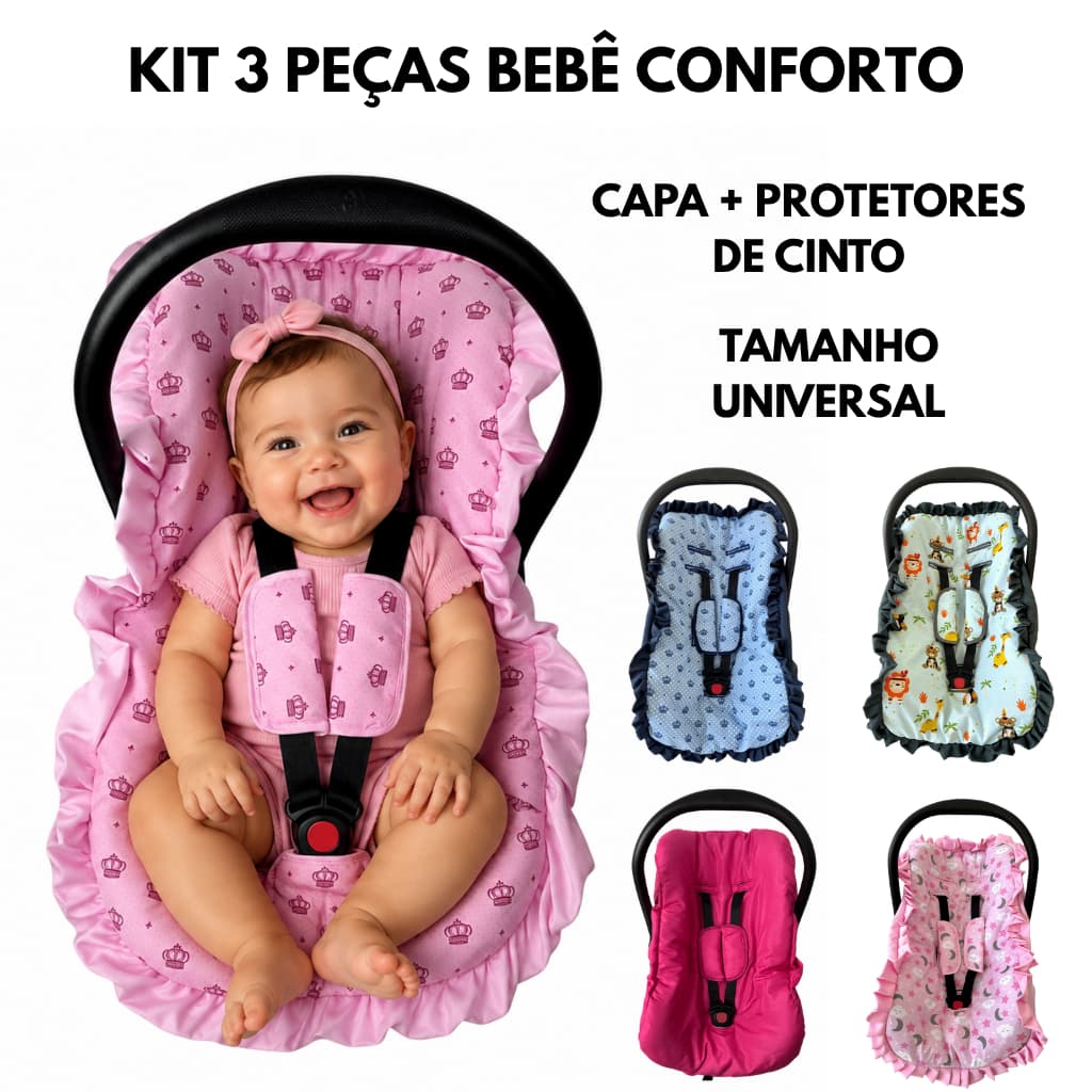 Kit 3 peças para bebê conforto menino menina capa + protetores de cinto tamanho universal até 13 kg