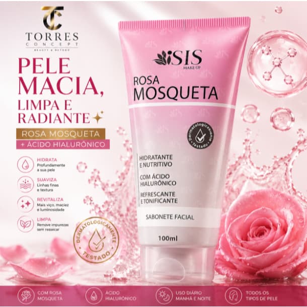 Sabonete Rosa Mosqueta Isis Make Up Ácido Hialurônico Hidratante Clareador Anti-Idade Facial 100ml