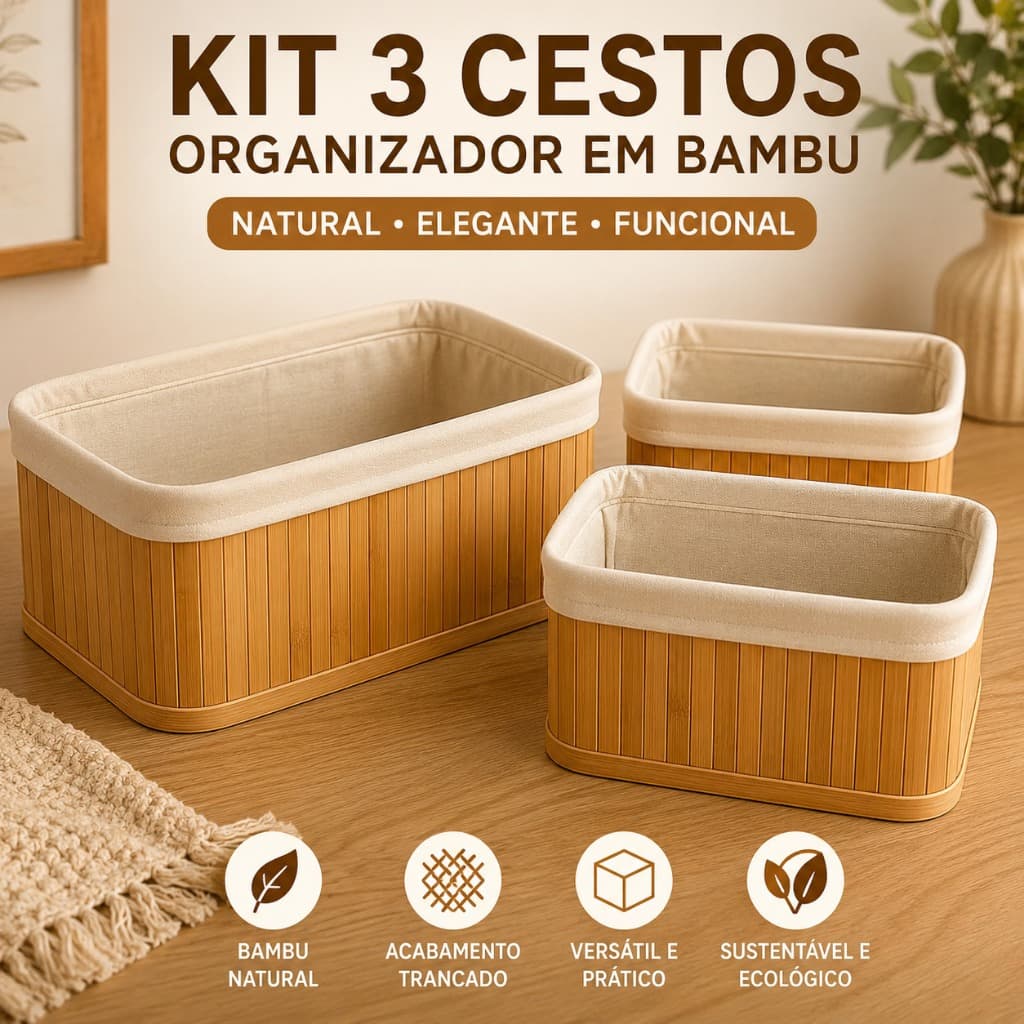 Kit 3 Cestos Organizadores Bambu Dobráveis Organizador Multiuso  Quarto Banheiro Closet Lavanderia