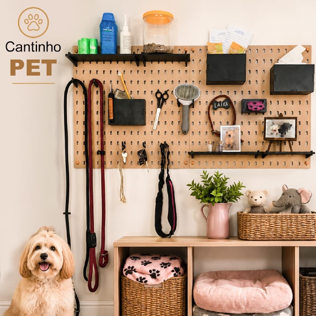 Painel Organizador Pet Modular MDF Parede Porta Guias Coleiras Acessórios Cachorro Kit Cantinho Pet