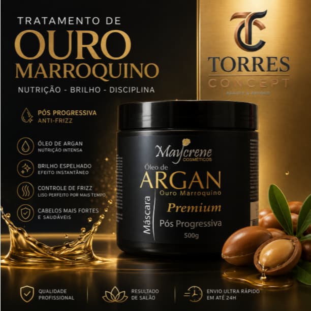 Máscara Argan Premium Maycrene 500g Pós Progressiva Anti-Frizz Brilho Ouro Marroquino Profissional