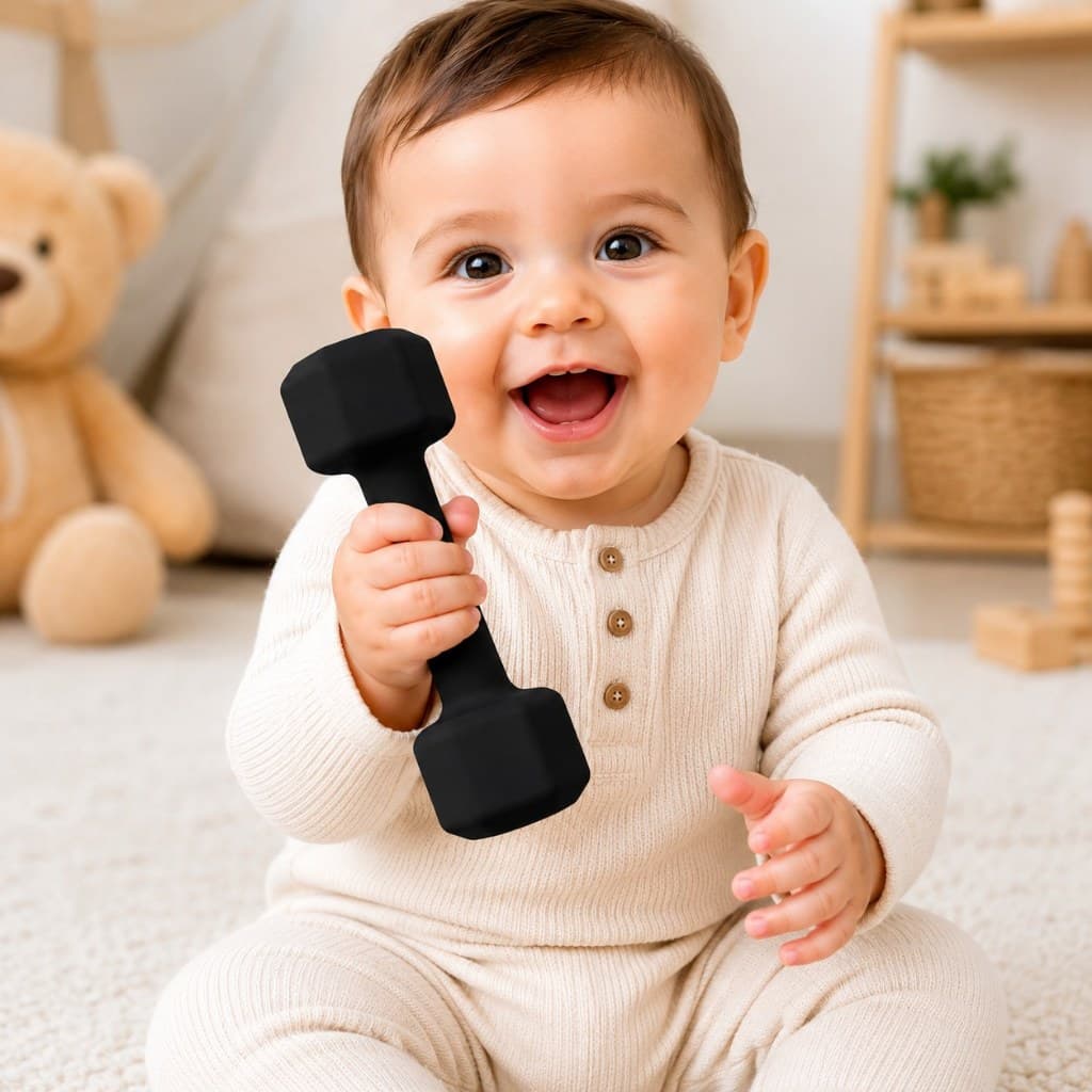 Chocalho Halteres Mini Fitness Bebê | Brinquedo Sensorial Peso de academia