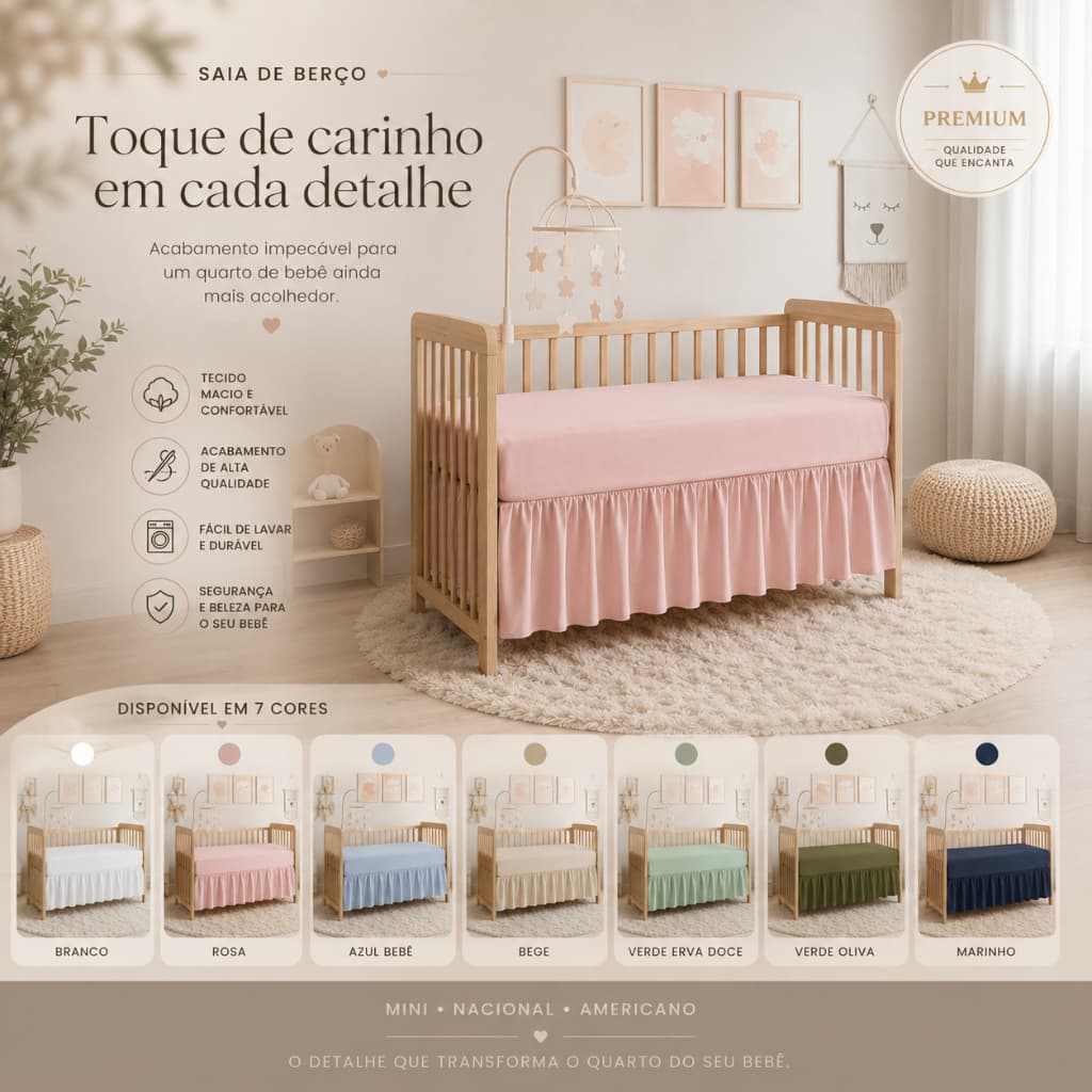 Saia Mini Berço Saia  Berço Americano e Nacional Bebê Liso Dupla Face Branco Palha Rosa Azul
