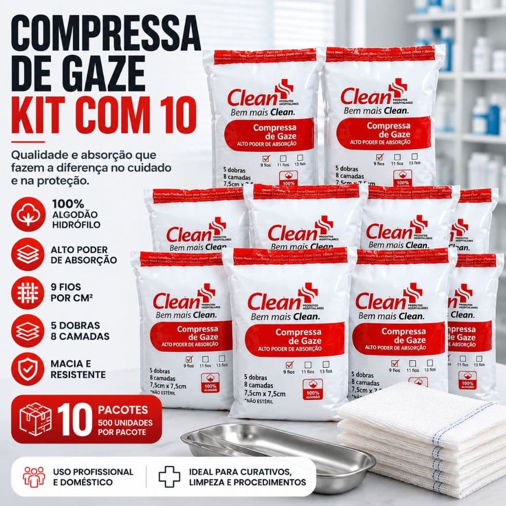 Kit 10x Compressas De Gazes 9 Fios 500un Pacote Curativo