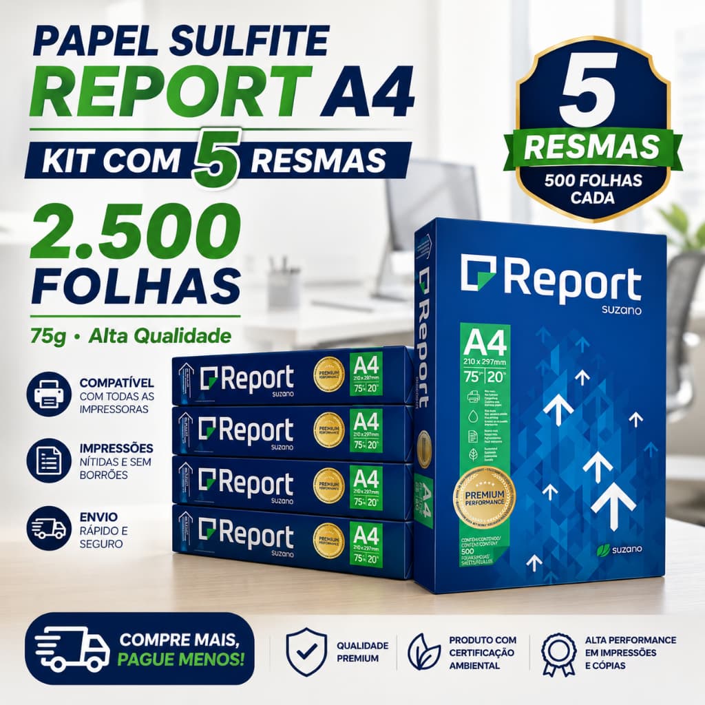 Kit 5 Resmas Papel Sulfite A4 Report 75g 2500 Folhas Branco Premium Para Impressora