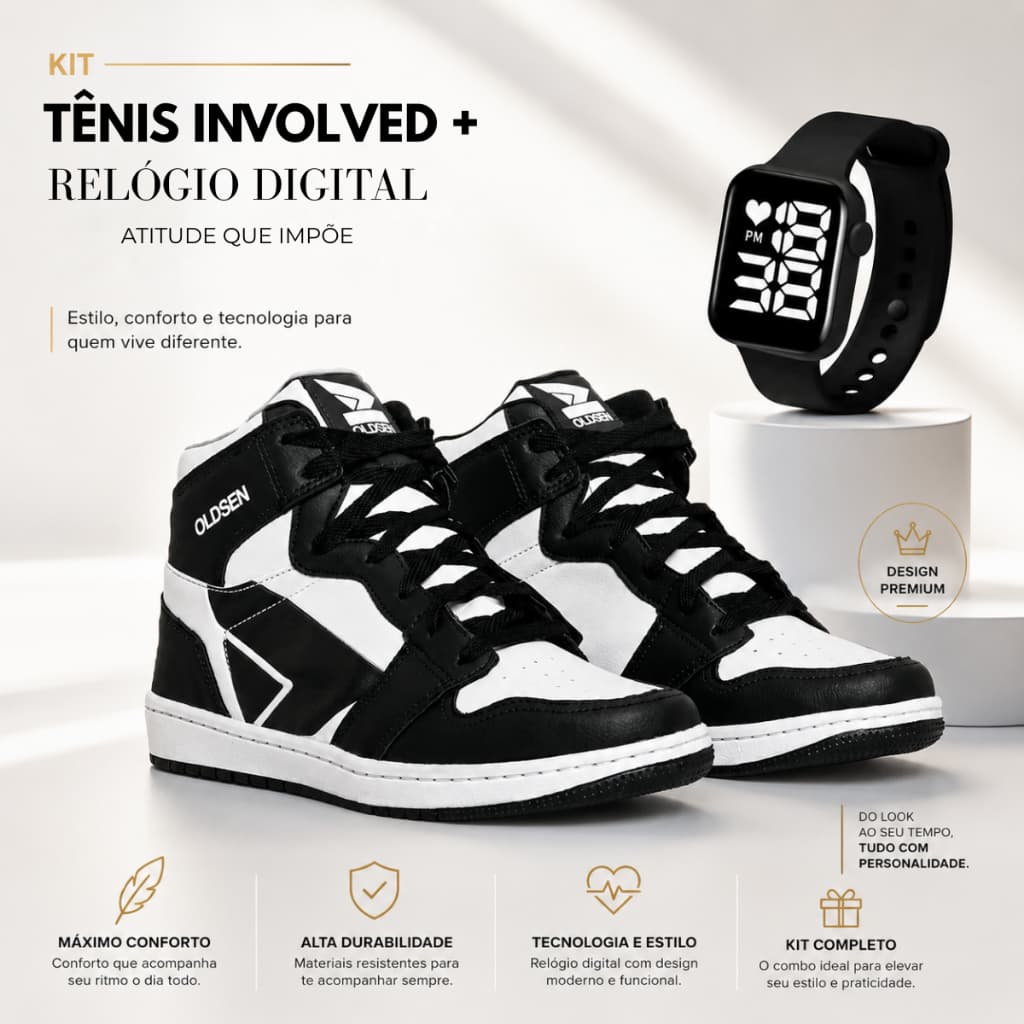 Kit tenis masculino Involved Conforto Street Esportivo Relogio Digital Dia a Dia Esportivo