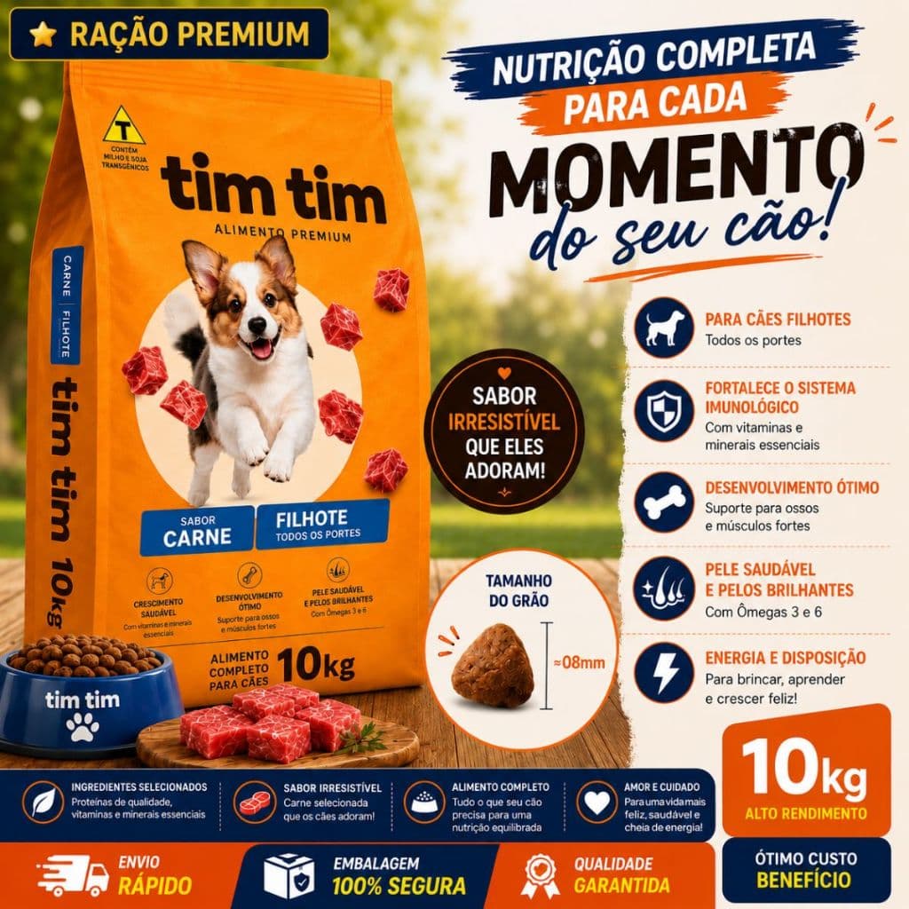 Ração Para Cachorro Filhote Tim Tim Dog Premium 10,1kg Sabor Carne 28% Proteína