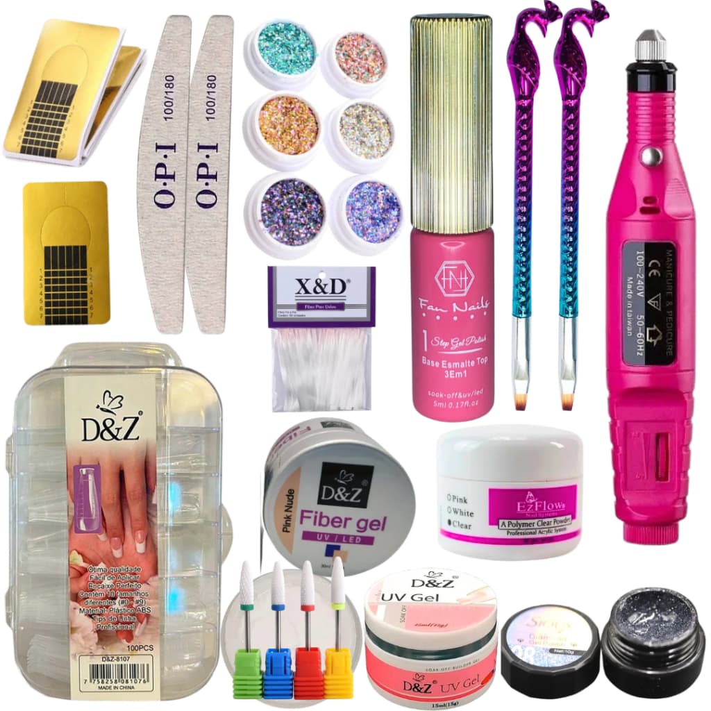Kit Unhas em Gel Profissional Completo com Lixadeira Elétrica Nail Designer D&Z Sioux