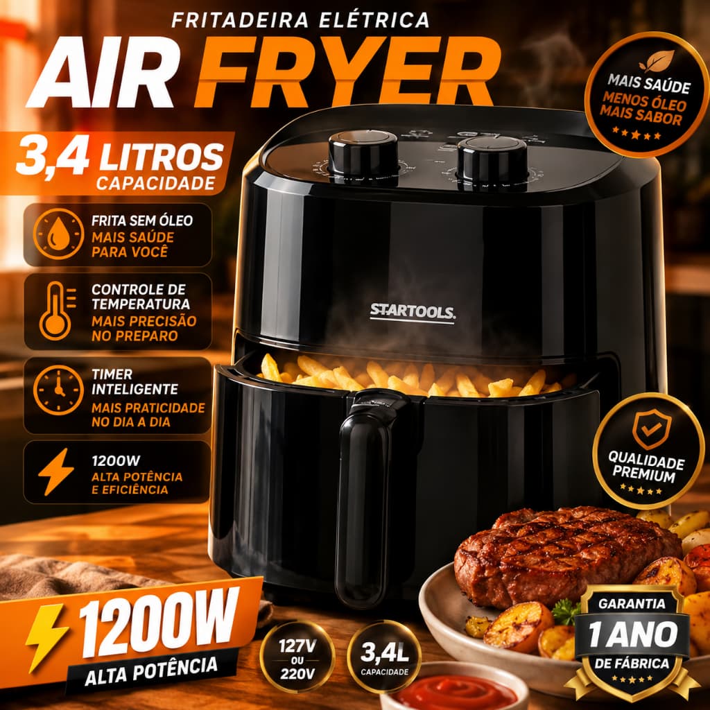 Air Fryer 3,4L 1200W Sem Óleo Fritadeira Elétrica Preta Timer Controle de Temperatura 127V 220V