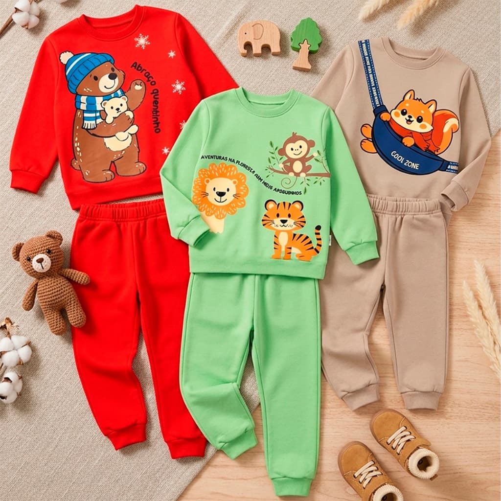 Conjunto Moletom Bebê Menino Neném Inverno Blusa e Calça Manga Longa Roupa de Frio Masculino Agasalho com Estampa L04
