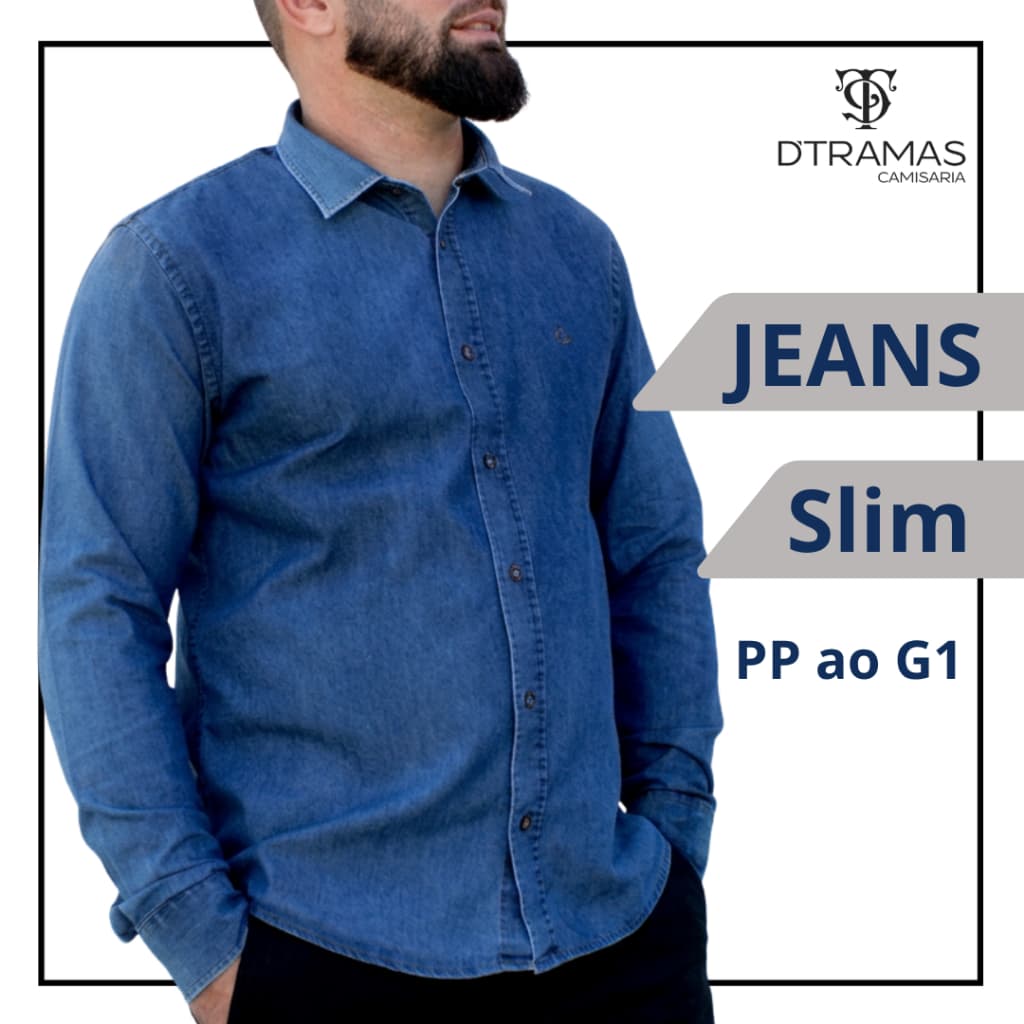 Camisa Jeans Masculina Social Manga Longa de Botão Slim Fit Algodão Premium
