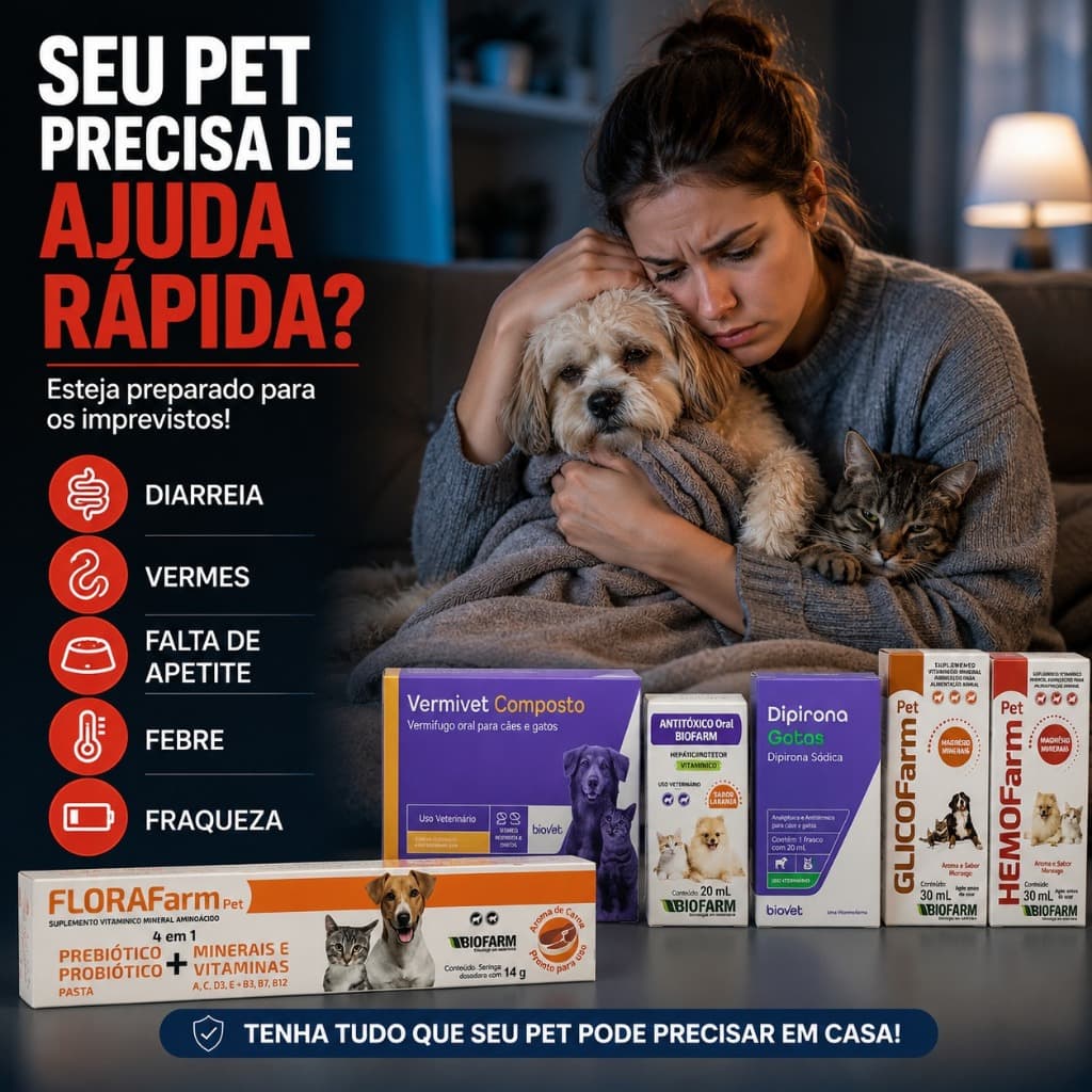 Kit Primeiros Socorros Cães Gatos Pet Completo Vermífugo Probiótico Vitaminas Dipirona Emergência