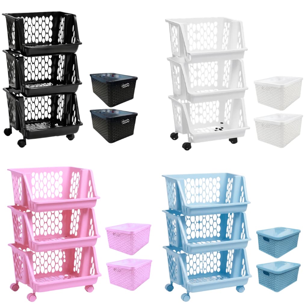 Kit Organizador Quarto Banheiro Cozinha: 1 Cesto 3 Andares Vertical + 2 Caixas Organizadoras Rattan 4L Com Tampa