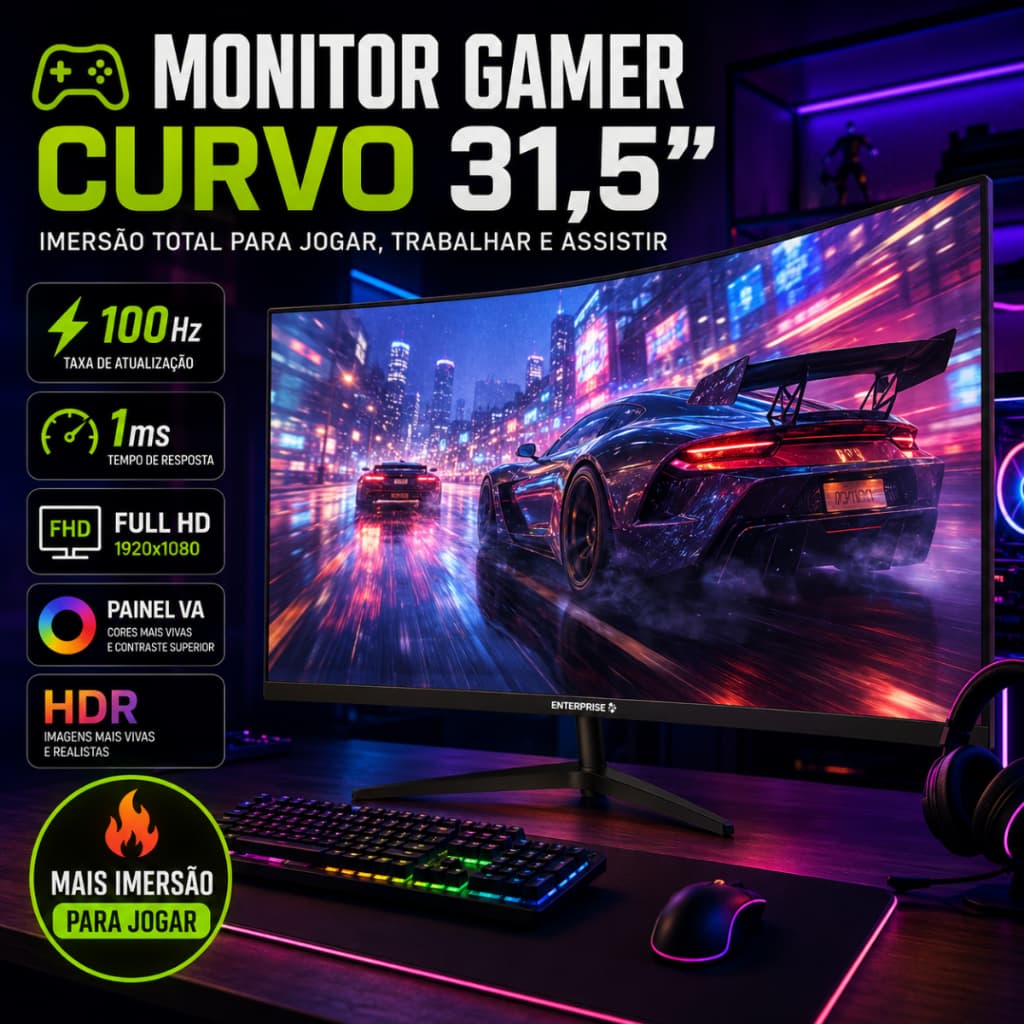 Monitor Gamer Curvo 31.5" 100Hz 1ms Full HD FreeSync HDR HDMI VA