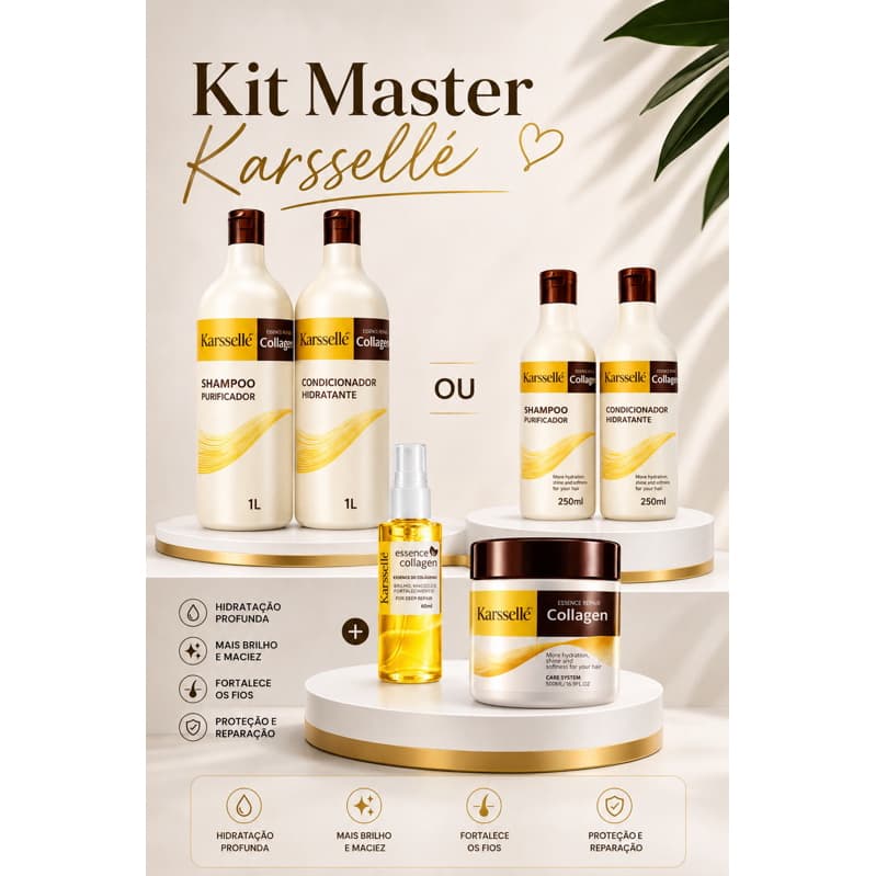 Kit Karssellé Collagen Shampoo e Condicionador 250ml ou 1L + Máscara Hidratante 500g + Óleo Reparador 60ml