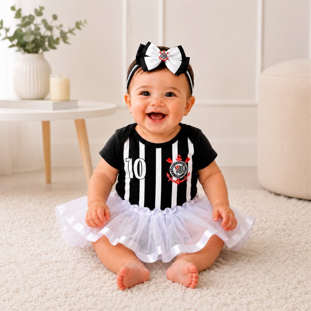 Body Bebê Meu Timão Unissex  Body Saia Tule Luxo Roupa Bebê Time Infantil Menino, Menina Mesversário