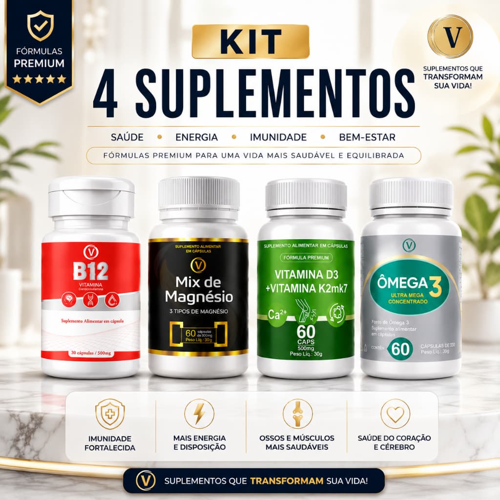Kit 4 Suplementos B12 + Magnésio + Vitamina D3 K2 MK7 + Ômega 3 Imunidade Energia e Vitalidade