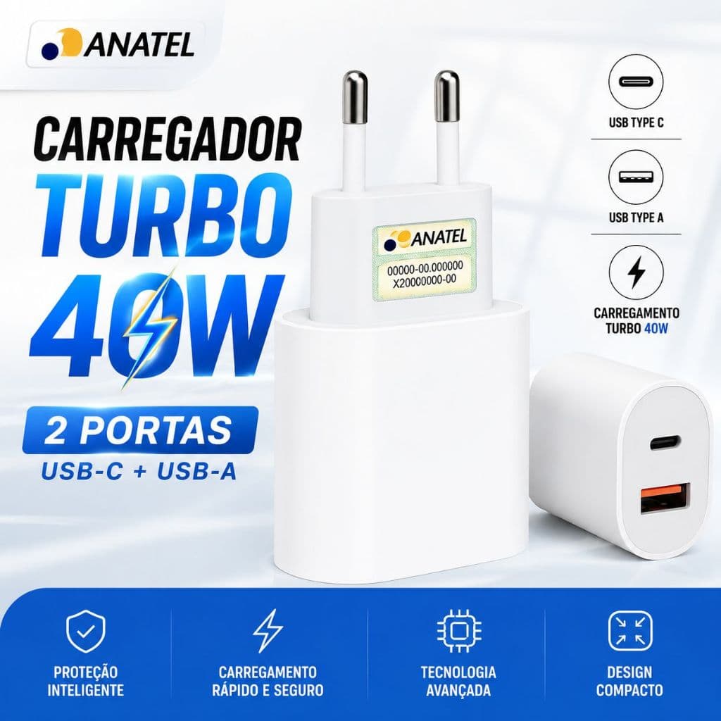 Carregador Turbo 40W 2 Portas iPhone Samsung Motorola Fonte USB-C e USB-A Rápido Tipo C PD