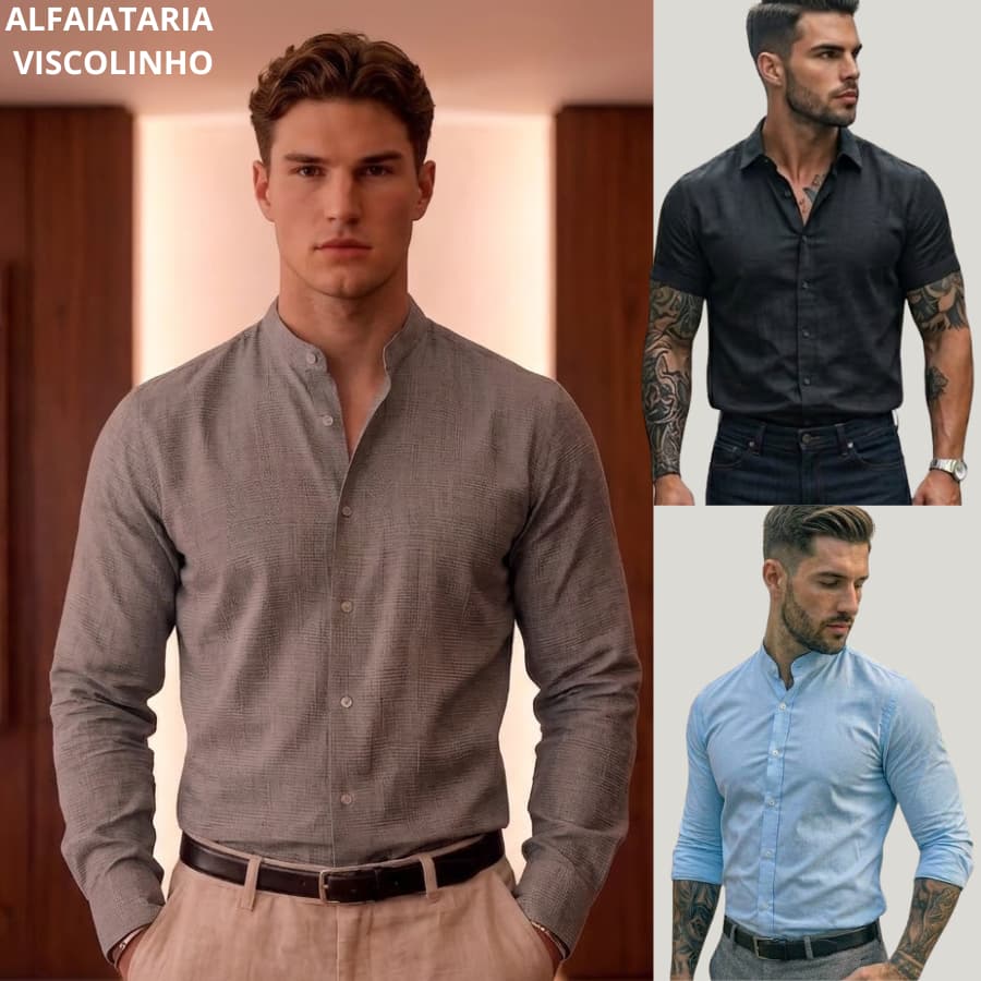 Camisa Social Masculina Manga Longa Cinza Alfaiataria Slim Gola Padre Social Viscolinho