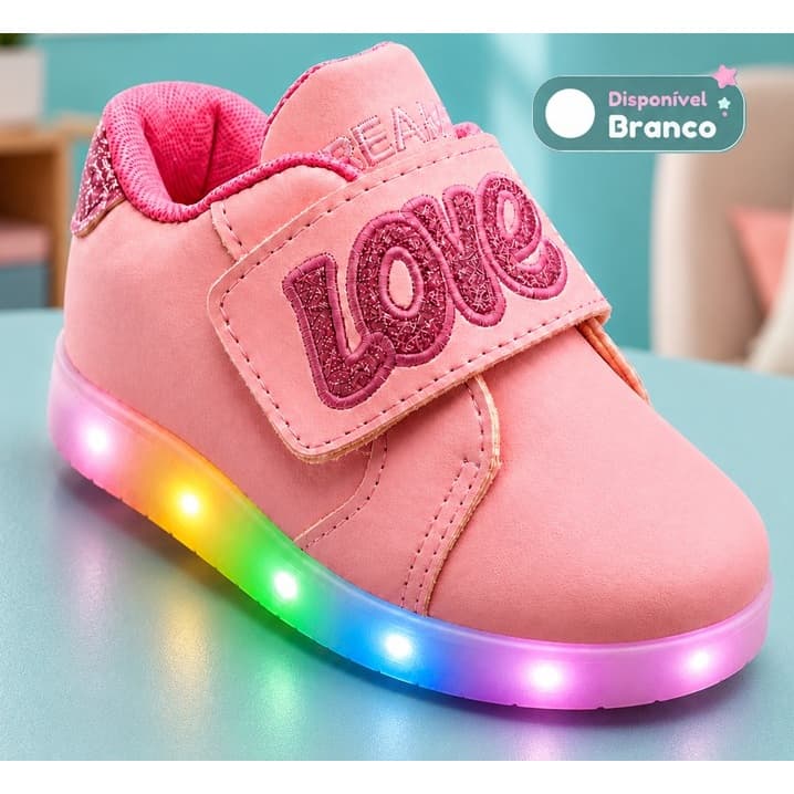 Tênis Infantil Menina LED Luzinha Love Calçado Feminino Confortável Calce Fácil Leve Rosa ou Branco