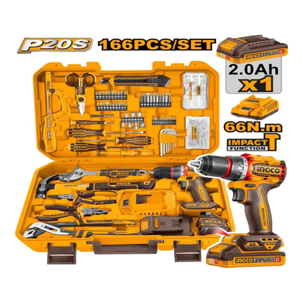 Kit Ferramentas 166 Peças com Parafusadeira/Furadeira de Impacto 60N.m 20V – Completo com Maleta