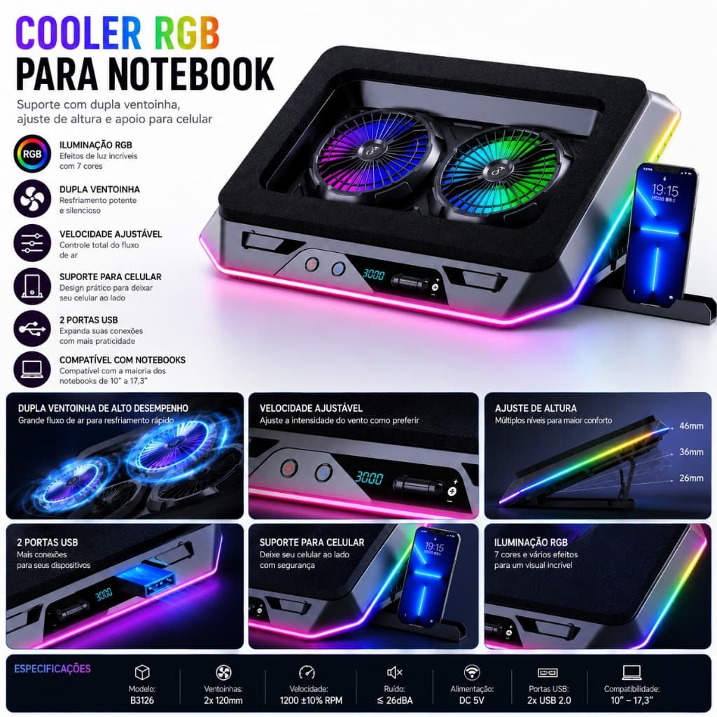 Suporte Gamer para Notebook Com 2 Coolers RGB Base Ajustável e Refrigeração Potente GG 3000rpm