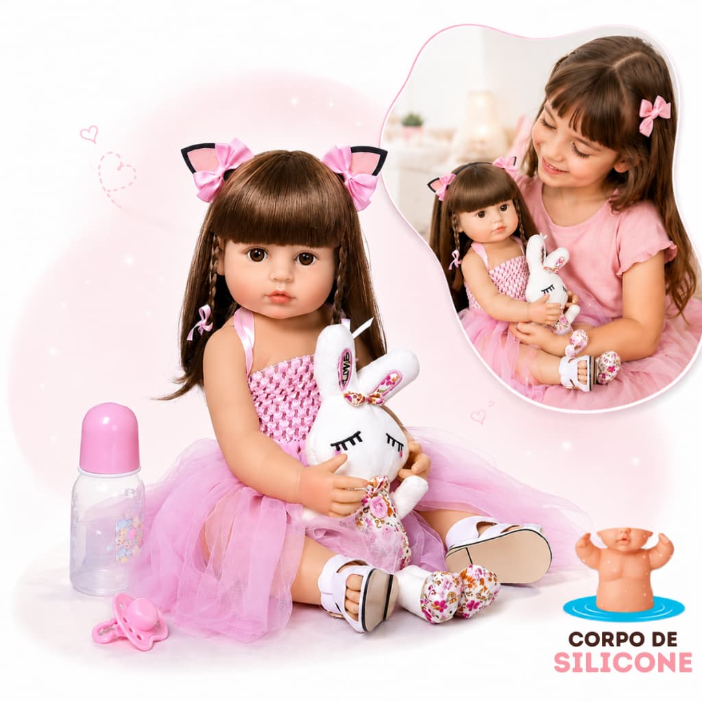 Boneca Bebê Reborn Silicone Realista Com Coelho Mamadeira Chupeta Acessórios Presente Menina