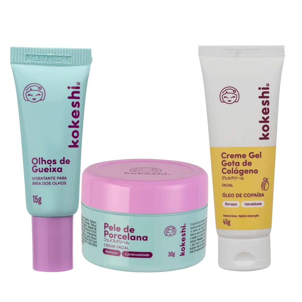 Kit Facial Anti-Idade Clareador Porcelana Olhos Gueixa Gota Colágeno Kokeshi