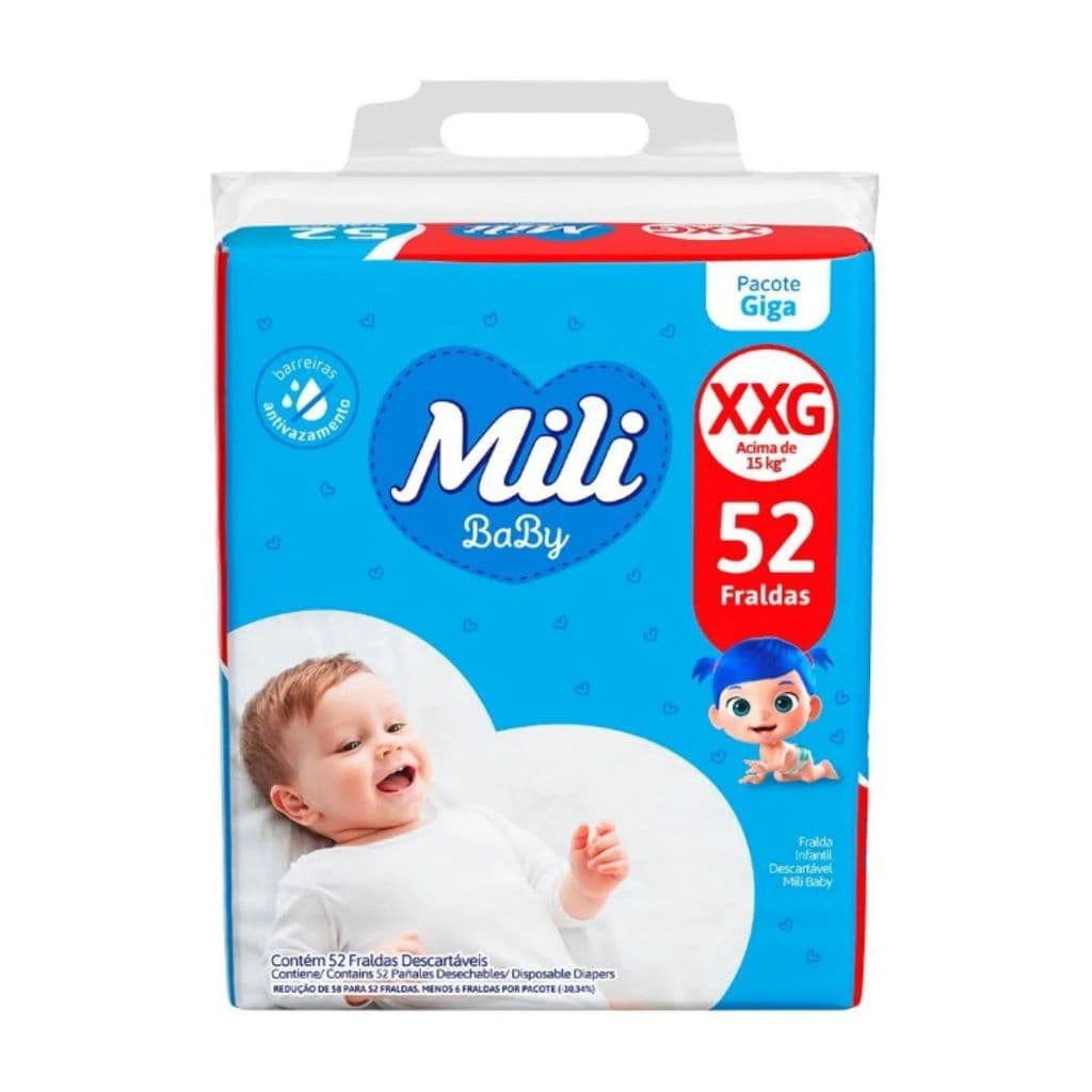 Fralda Descartável Infantil Bebê Mili Baby Giga Tamanho XXG Com 52 Fraldas